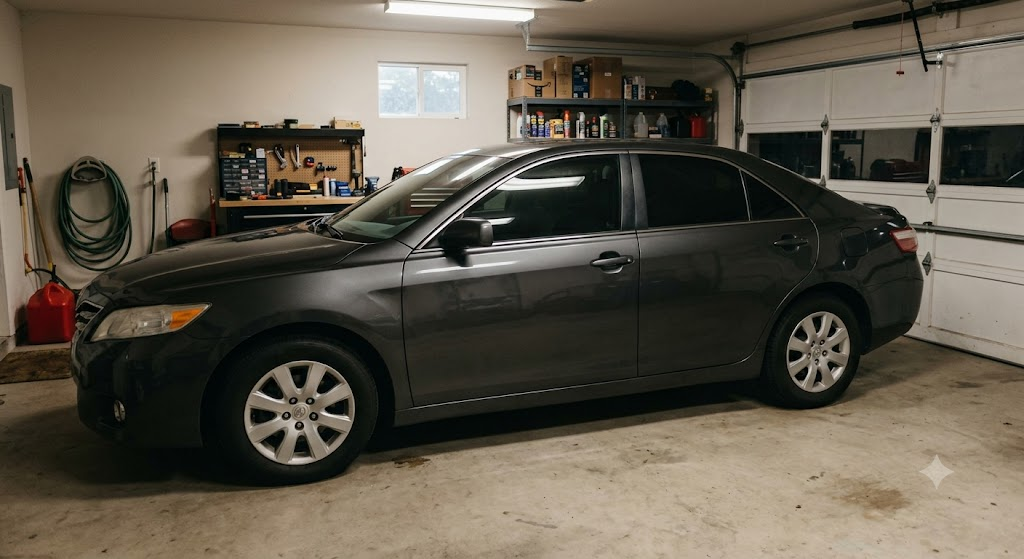 Dark sedan parked in a garage with all windows rolled up