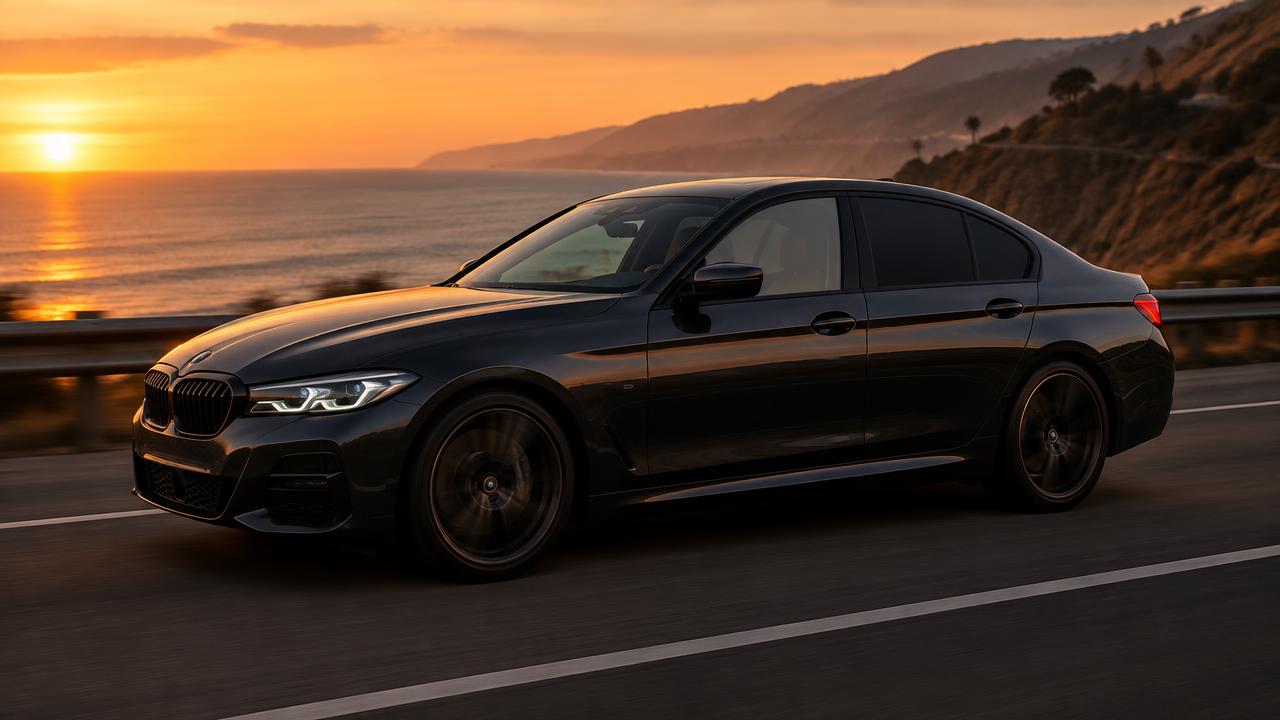 California sedan at golden hour with light front side window tint and darker rear window tint