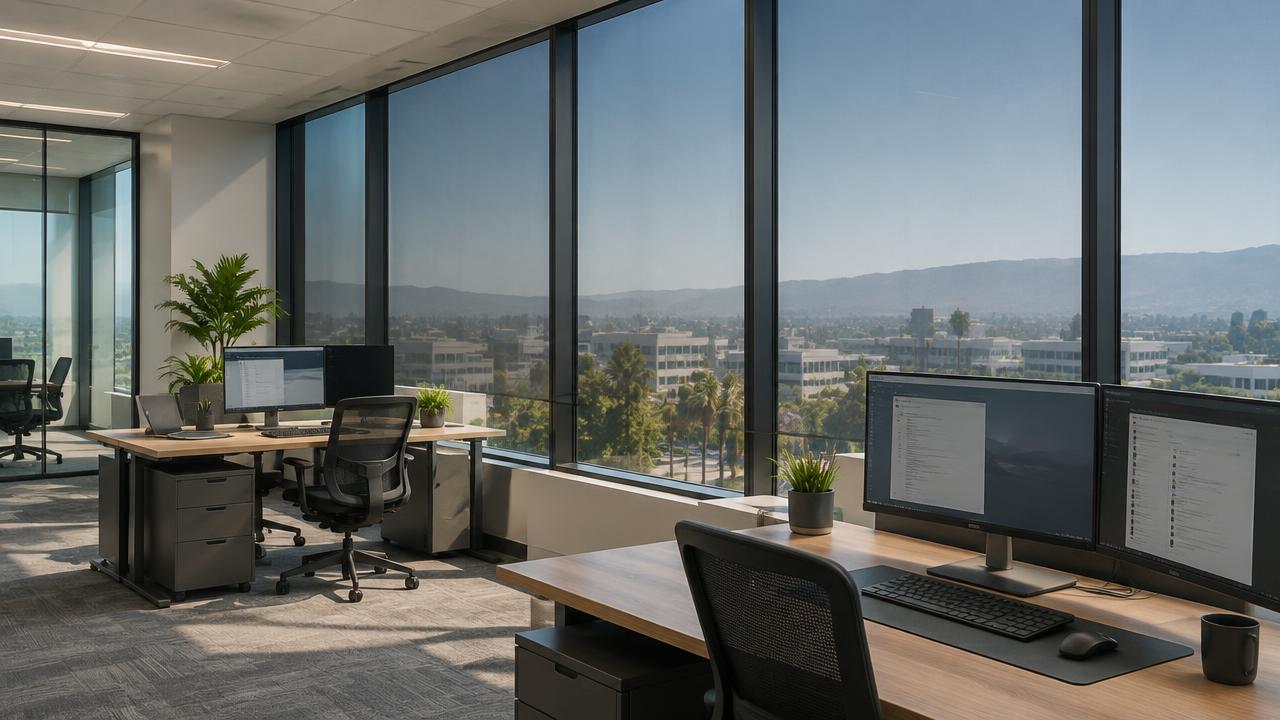 An office with solar window film reducing glare, showing professional window tint services in California.