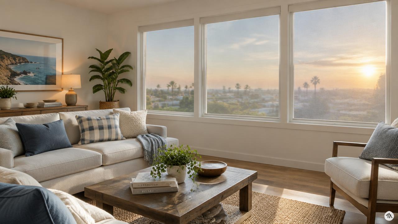 A living room with residential window film softening sunlight, highlighting glass tinting services in California.