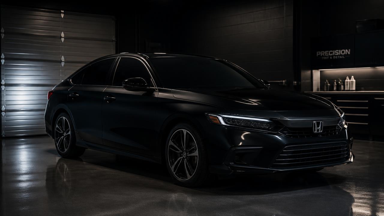 Dark sedan parked indoors with windows fully rolled up after a fresh window tint installation