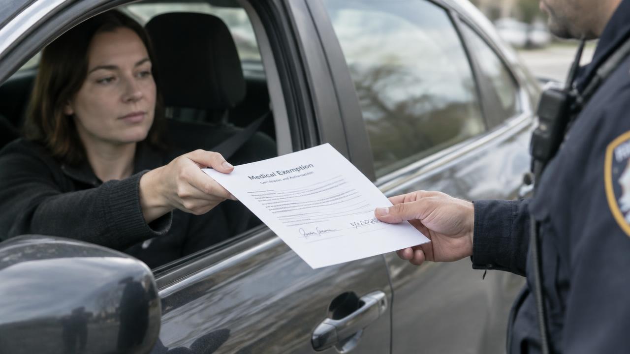 Driver handing signed medical exemption paperwork for darker window tint to an officer during a traffic stop