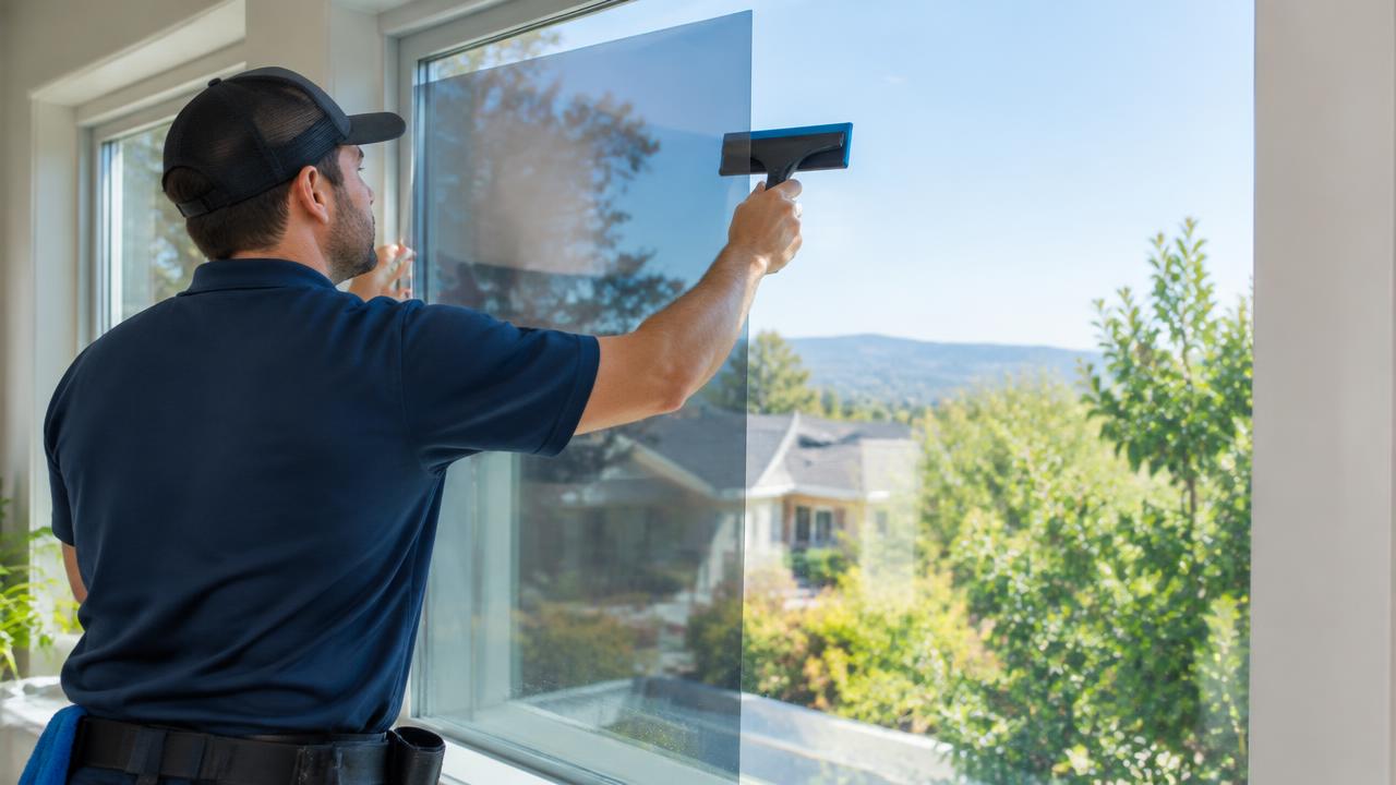 Professional installer applying solar control window film to the inside of a home window with a squeegee