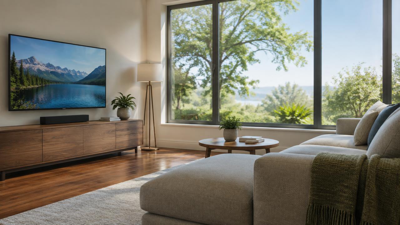 Hardwood floor, sofa, and TV protected from glare and UV fading by residential window film