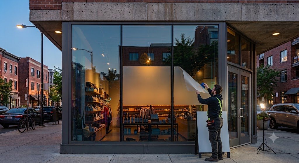 Installer applying frosted vinyl lettering to a storefront window