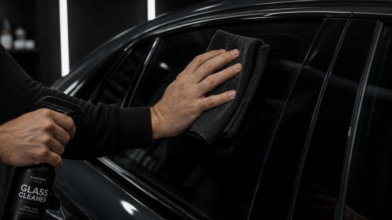 Microfiber cloth and ammonia-free glass cleaner used to safely clean a tinted car window