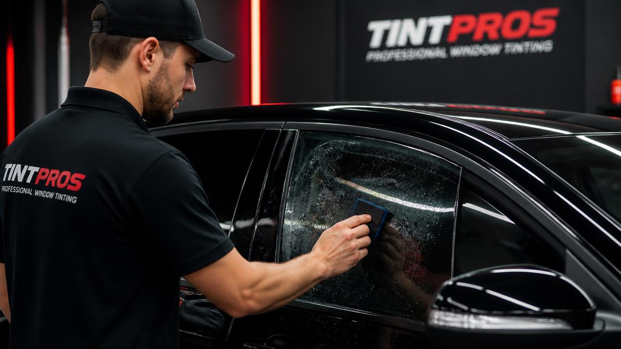 Professional installer squeegeeing California-legal ceramic window film onto a front side window in a tint shop
